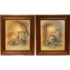 2 VTG Framed Signed Andres Orpinas Canvas Like Prints English Tudor Countryside